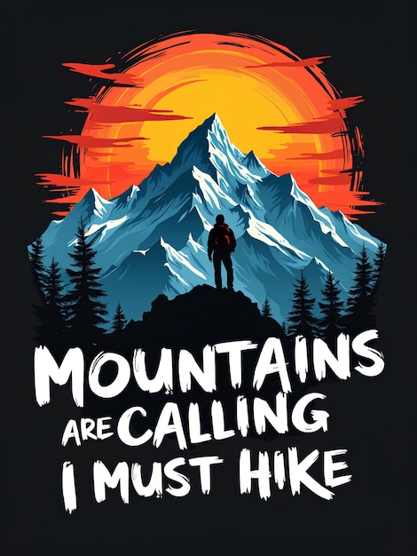 Vintage Style Hiker Design with Contour Lines Circular Text and Mountain Scene