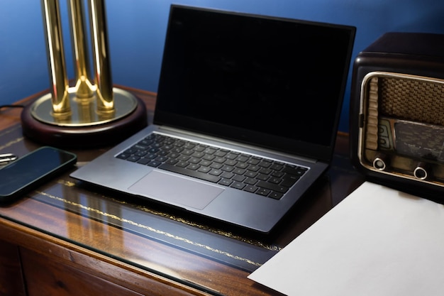 Vintage style home office Tabletop computer closeup view