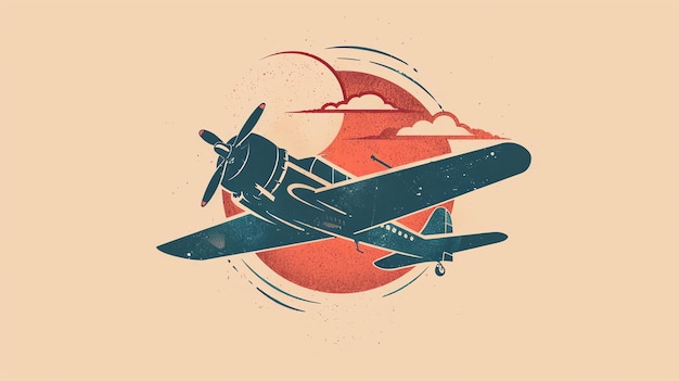 Photo a vintage style illustration of a plane flying over a red sun with clouds in the background