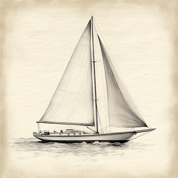 Photo vintage style illustration of a sailboat with full sails on calm waters in sepia tones