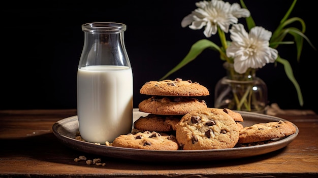 A vintage style image of a glass milk bottle with a plate of freshly baked cookies