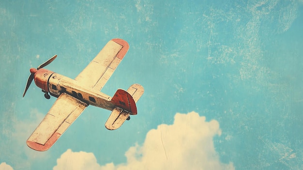 Vintage style image of a toy airplane flying in a blue sky with clouds