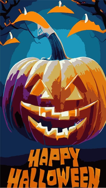 Vintage style poster for halloween concept with scary pumpkin and gothic castle with inscription happy halloween