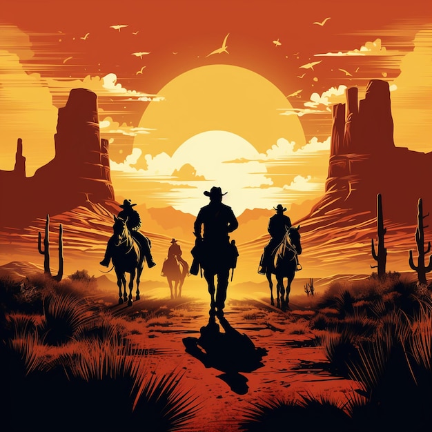 Vintage style poster for a Western showdown between the sun