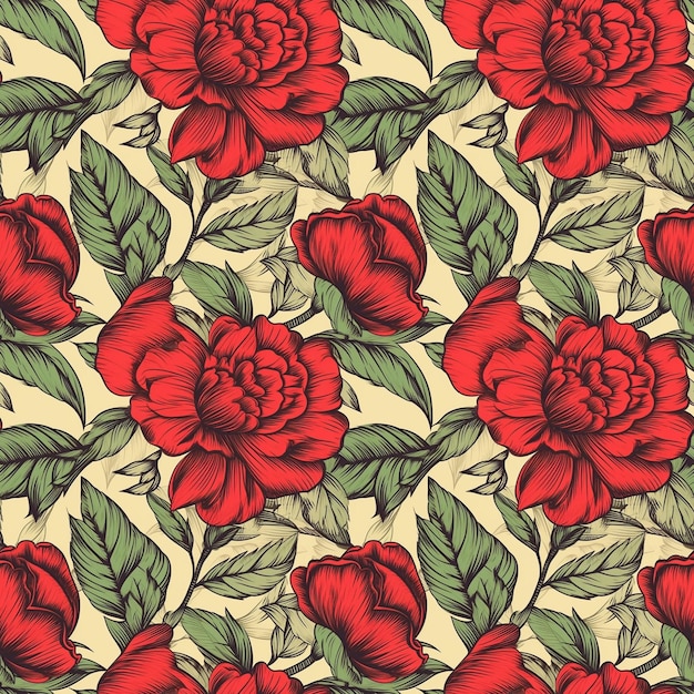 Vintage Style Red Flower Seamless Pattern