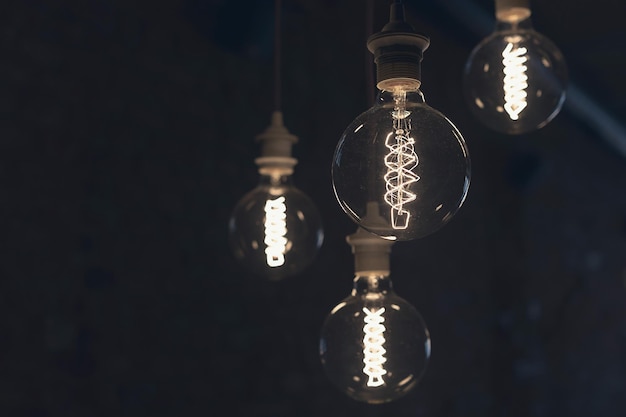 Vintage style round light bulbs hanging from the ceiling