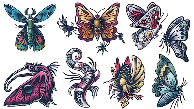 Photo vintage style tattoo illustrations of colorful butterflies and moths