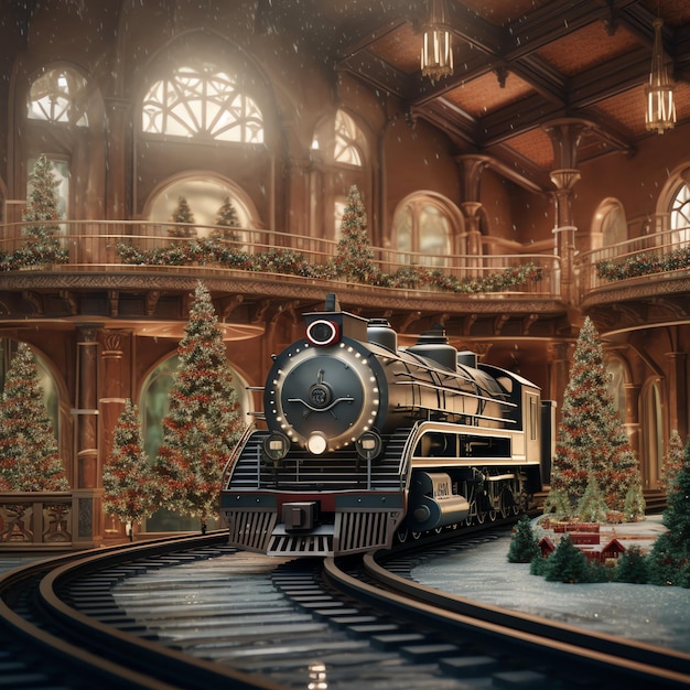 Photo a vintage style train is going through a large station museum or giant mansion during christmas time