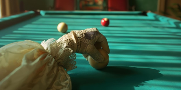 Vintage Styled Hand in Lace Glove Playing Billiards on Turquoise Table