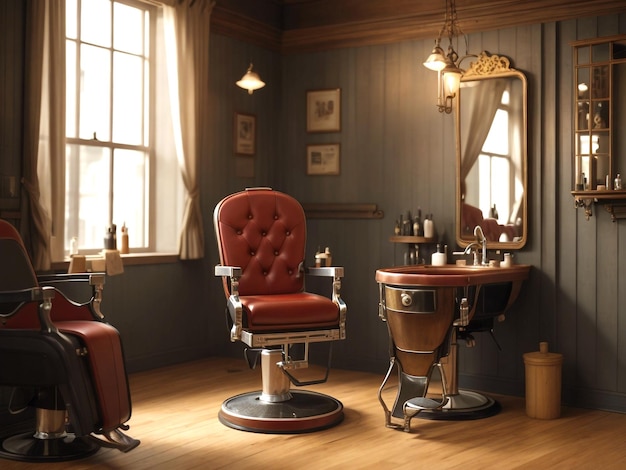 Vintage styles barbershop inside view with elegant chair and decorations