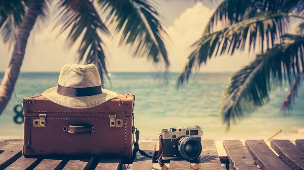 Vintage suitcase hipster hat photo camera and passport on wooden deck Tropical sea b Generative AI