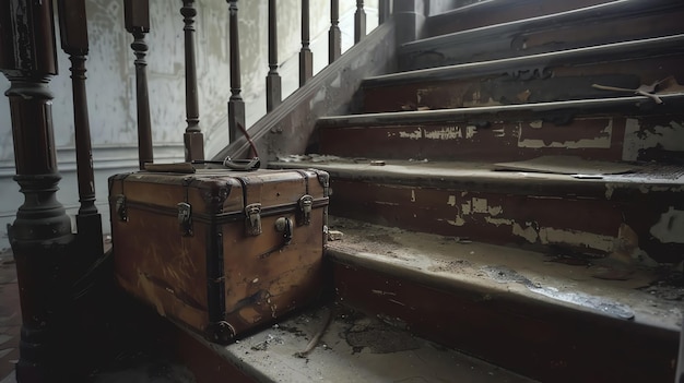 A vintage suitcase sits at the bottom of a grand staircase in a forgotten mansion