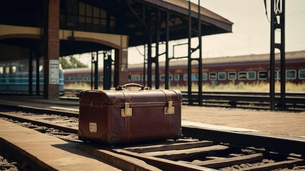 Photo vintage suitcase sitting on a deserted train station platform evokes a nostalgic travel journey