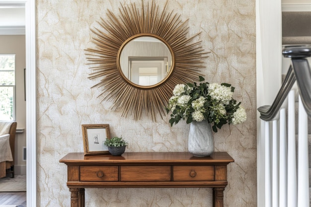 Photo vintage sunburst mirror graces a stylish entryway