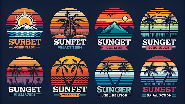 Photo vintage sunset collection various colorful striped sunrise badges in 80s and 90s style sun and oce