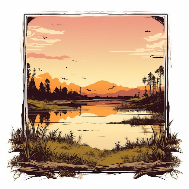 Vintage Swamp Sunset Picture Frame Vector Graphics