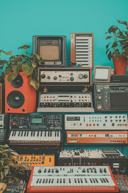 Vintage Synth Equipment with House Plants in Retro Style