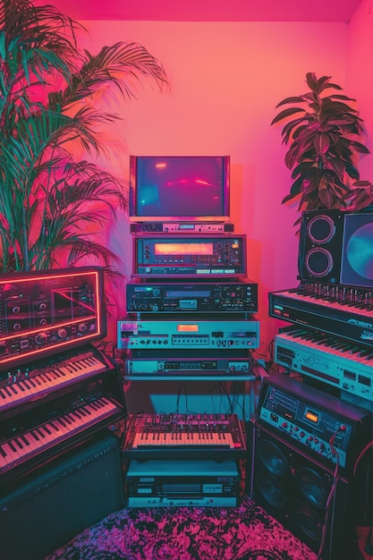 Vintage Synthesizers and Music Equipment in Pink and Blue Neon Light