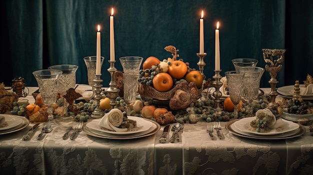 Vintage table setting with plates and cutlery selective focus