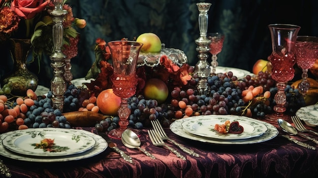 Vintage table setting with plates and cutlery selective focus