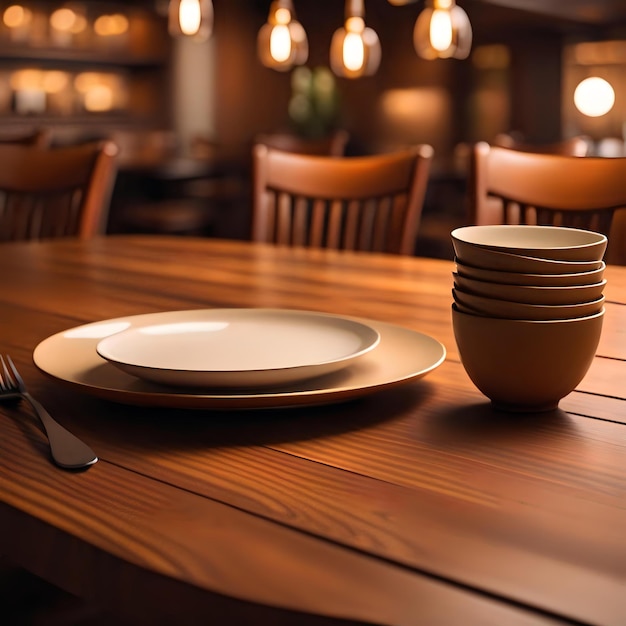 Vintage Table Top with Natural Wood Grain and Warm Cafe Background