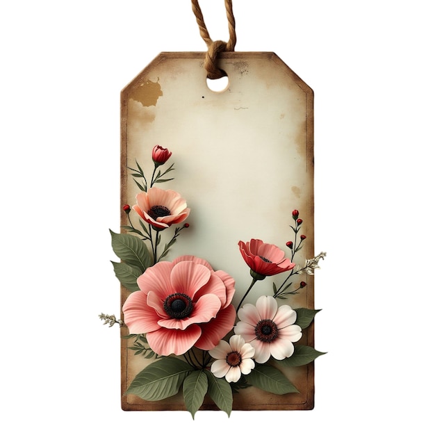 Photo a vintage tag features a floral arrangement with various pink and white flowers and green leaves