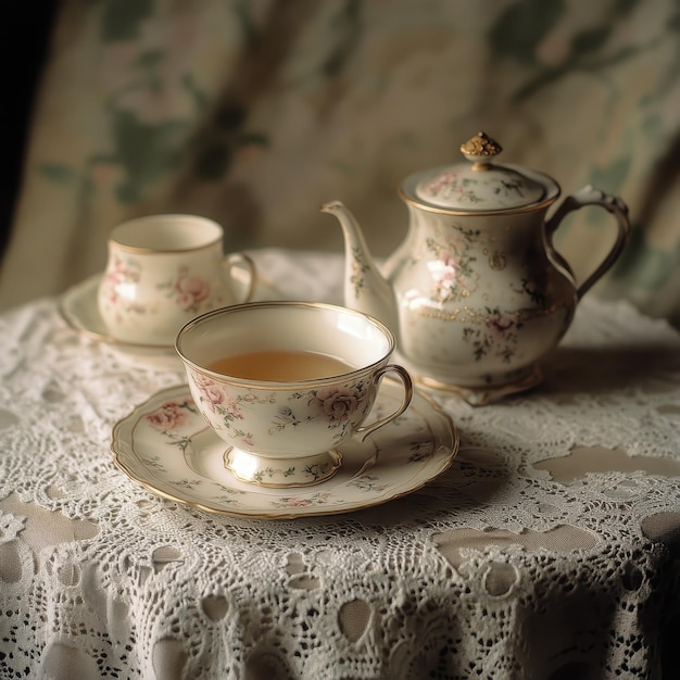 Photo vintage tea set on lace tablecloth