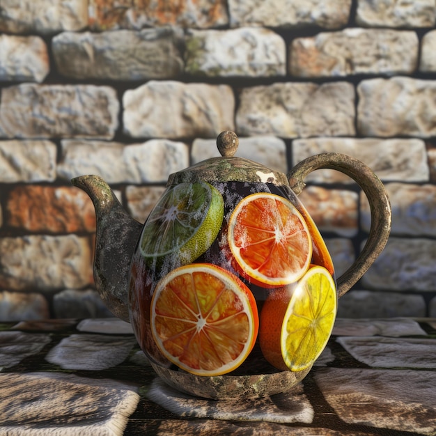 Photo vintage teapot filled with citrus fruit slices