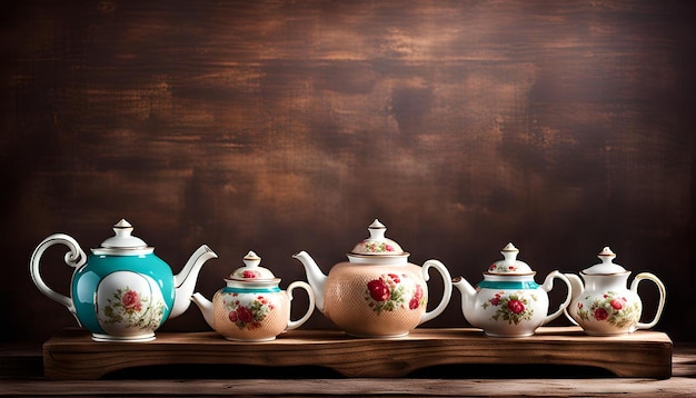 Photo vintage teapots displayed on a wooden shelf