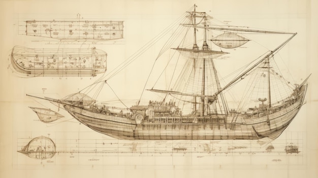 A Vintage technical draw of a ship Transport in style of sketches by Leonardo da Vinci