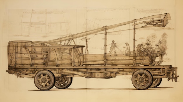 A Vintage technical draw of a truck Transport in style of sketches by Leonardo da Vinci