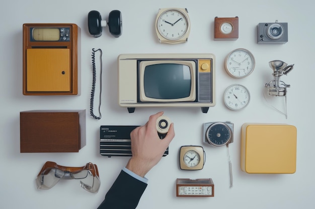 Photo vintage technology collection with telephone tv clock lamp