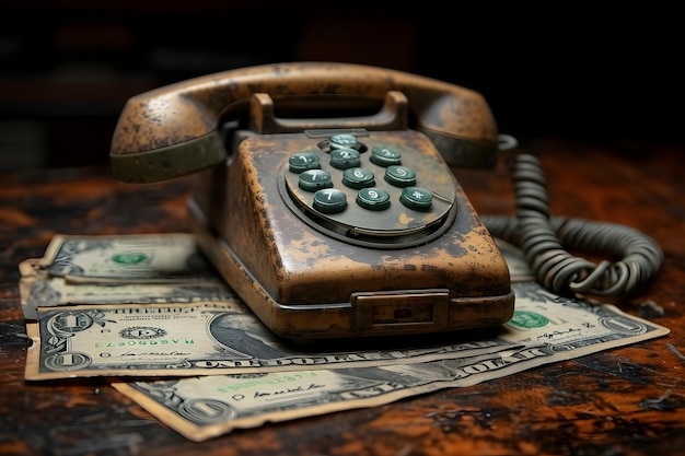 Vintage telephone on top of money bills representing communication and finance