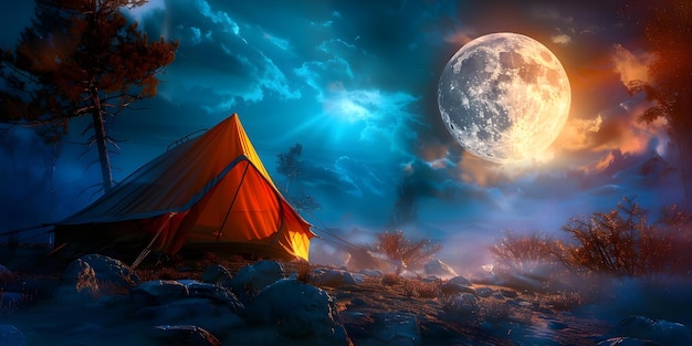 Vintage Tent Camping Under Whimsical Full Moon A Digital Art Piece in Soft Light Concept Digital Art Vintage Camping Tent Whimsical Full Moon