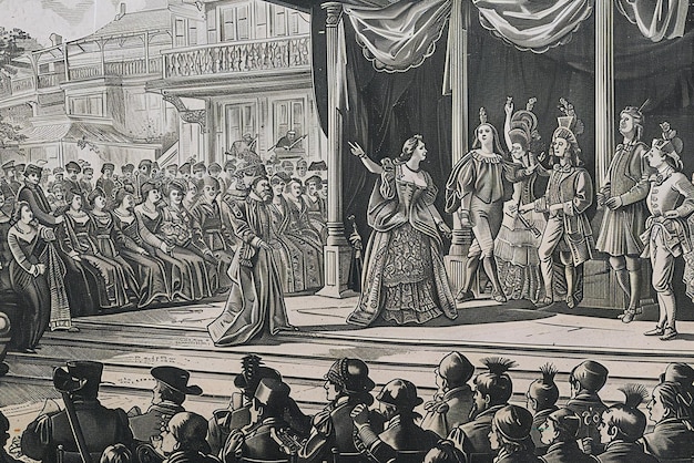 Photo vintage theater engravings detailed depictions of historical performances