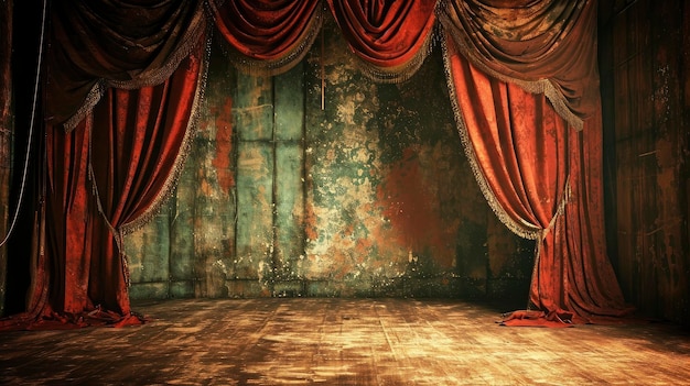 Vintage Theater Stage with Red Velvet Curtains and Weathered Wood