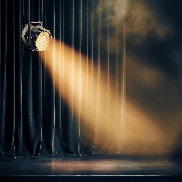 Photo vintage theatre spot light on black curtain with smoke