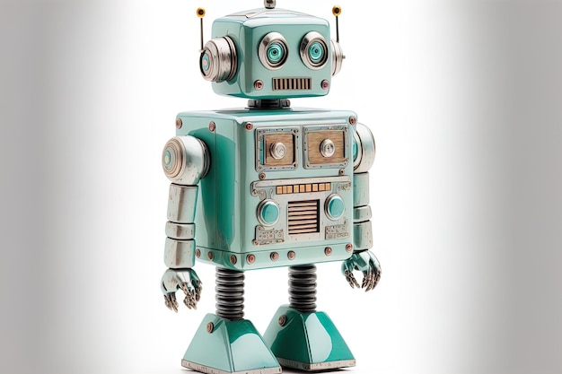 Vintage tin robot toy isolated on a white background