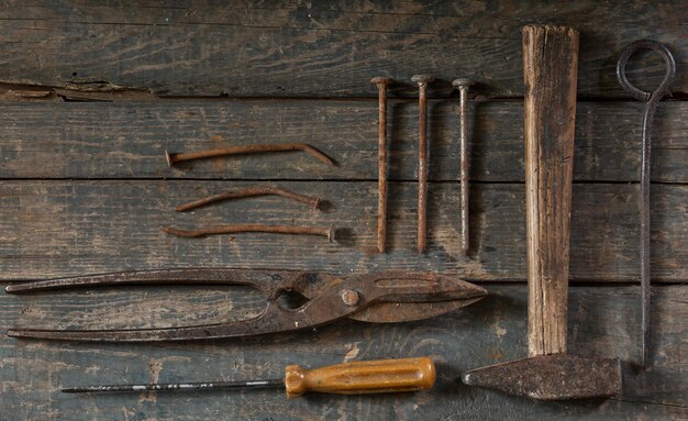 Vintage tool set hammer garden shears screwdriver twist nails