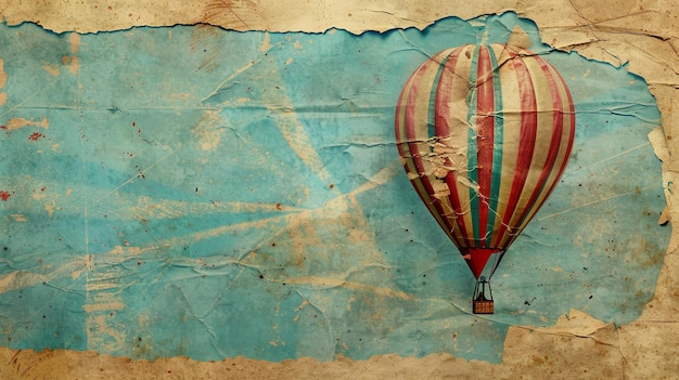 A vintage torn poster with a hot air balloon against a blue sky