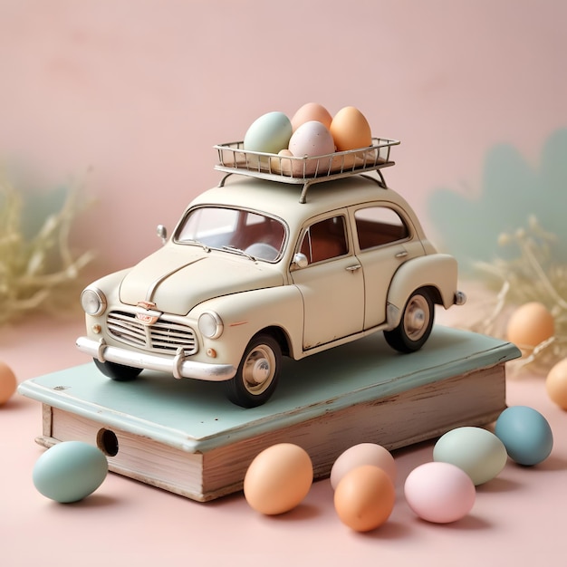 a Vintage toy car with eggs on top of it