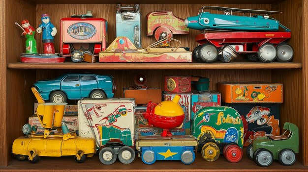 Photo vintage toy collection displayed on shelf