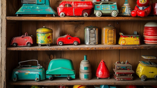 Photo vintage toy collection on wooden shelves