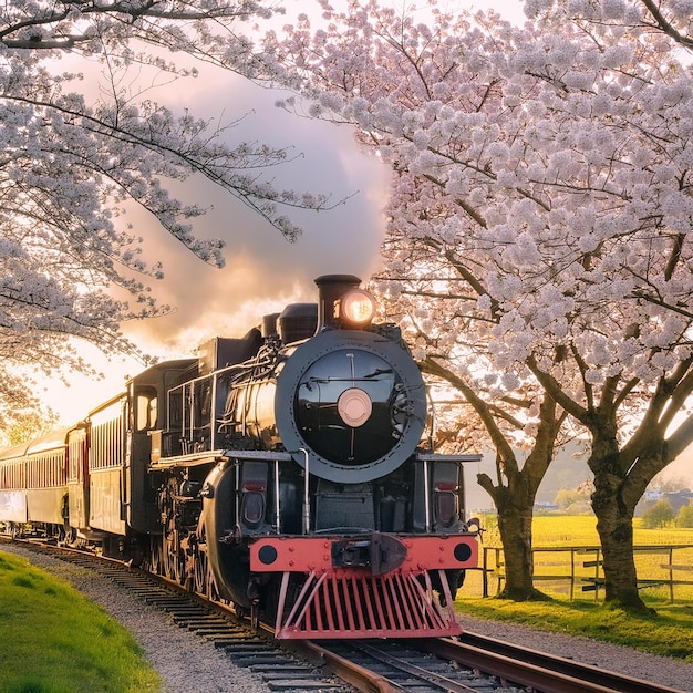 Vintage Train Amidst Cherry Blossoms