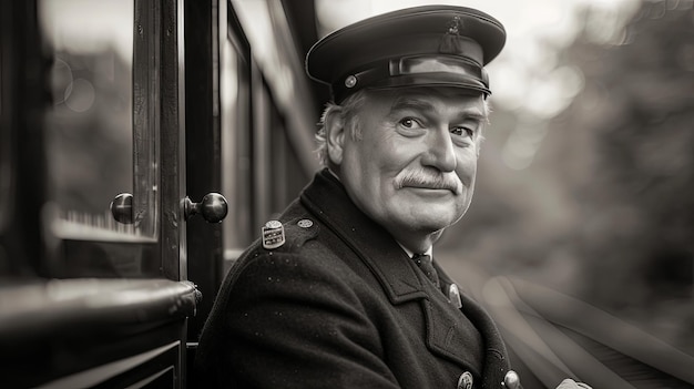 Vintage Train Conductor Aboard Steam Locomotive