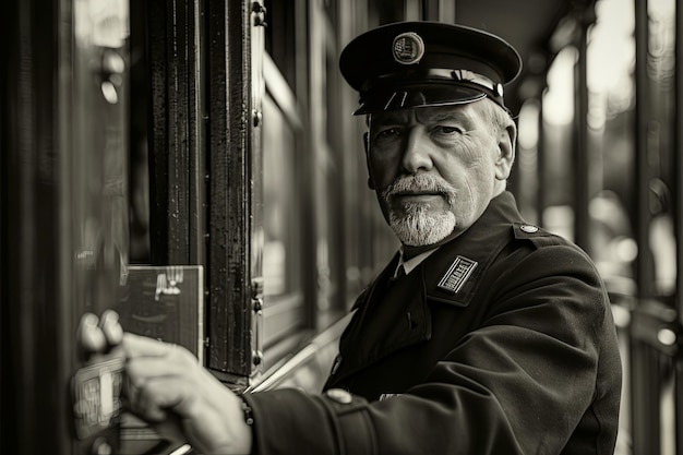 Vintage Train Conductor Aboard Steam Locomotive