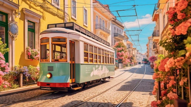 vintage tram on the narrow street for travel destination