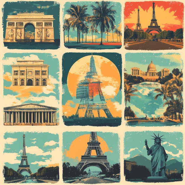 Vintage Travel Collage of Famous Landmarks and Cityscapes