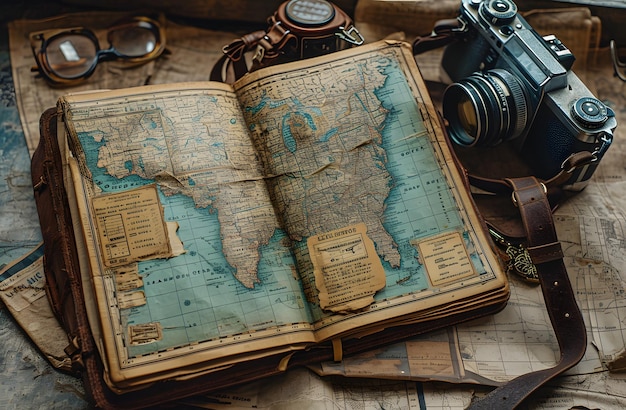 Vintage travel concept with old map classic camera and explorers accessories on a wooden table