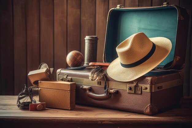 Photo vintage travel concept with suitcase and accessories